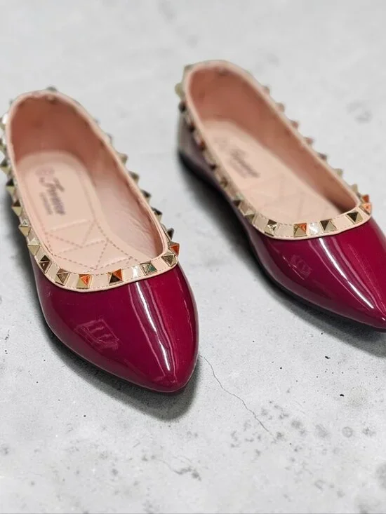 Studded Burgundy Patent Leather Flats With Pointed Toe & Quilted Insole - Picture 9 of 12